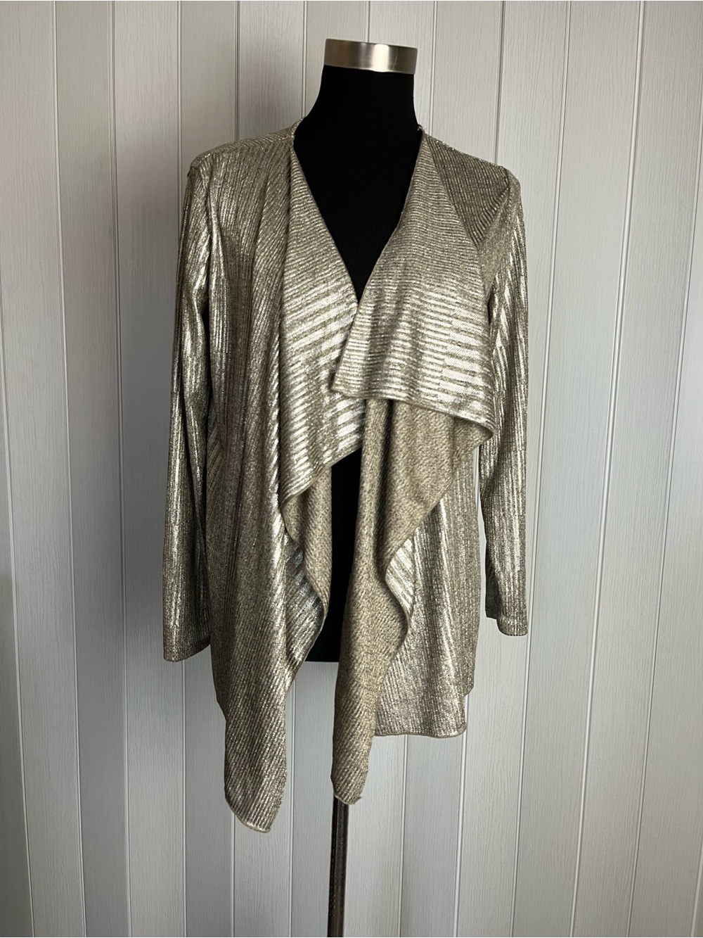 Kim & Cami Silver Metallic Draped Cardigan cascading